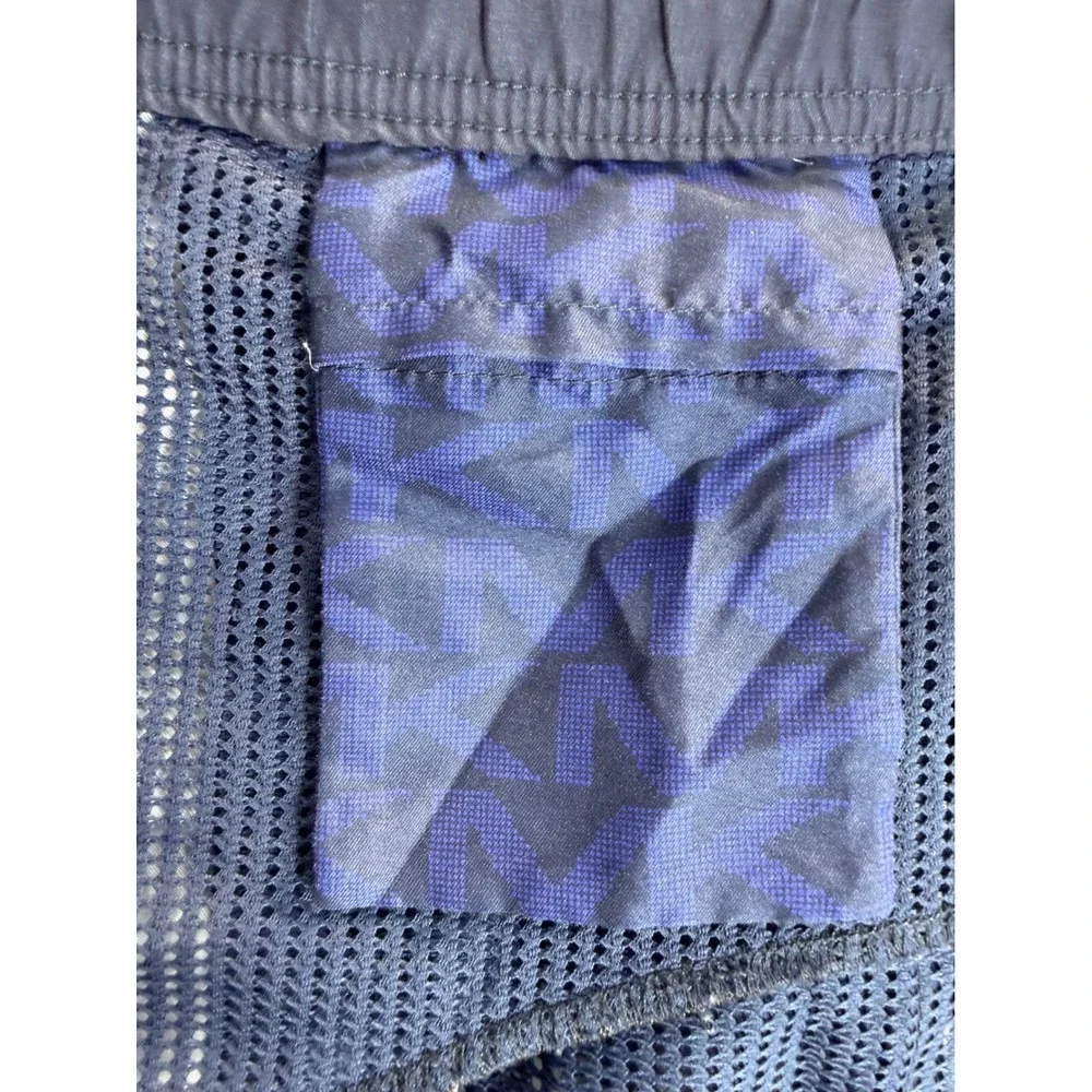 Michael Kors Mens Navy Blue Monogram Logo Swim Trunks Shorts Size L Drawstring